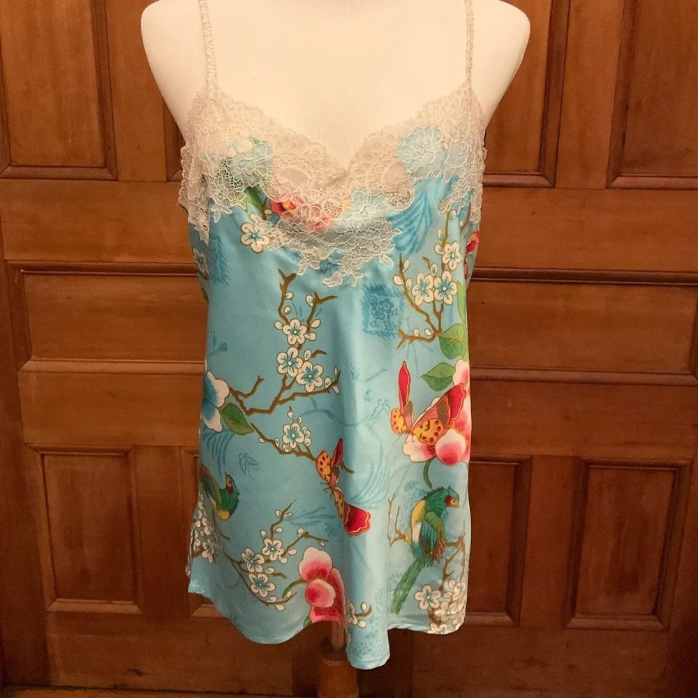 NATORI size M Light Blue Cherry Blossom satin cami / camisole top - Picture 1 of 9